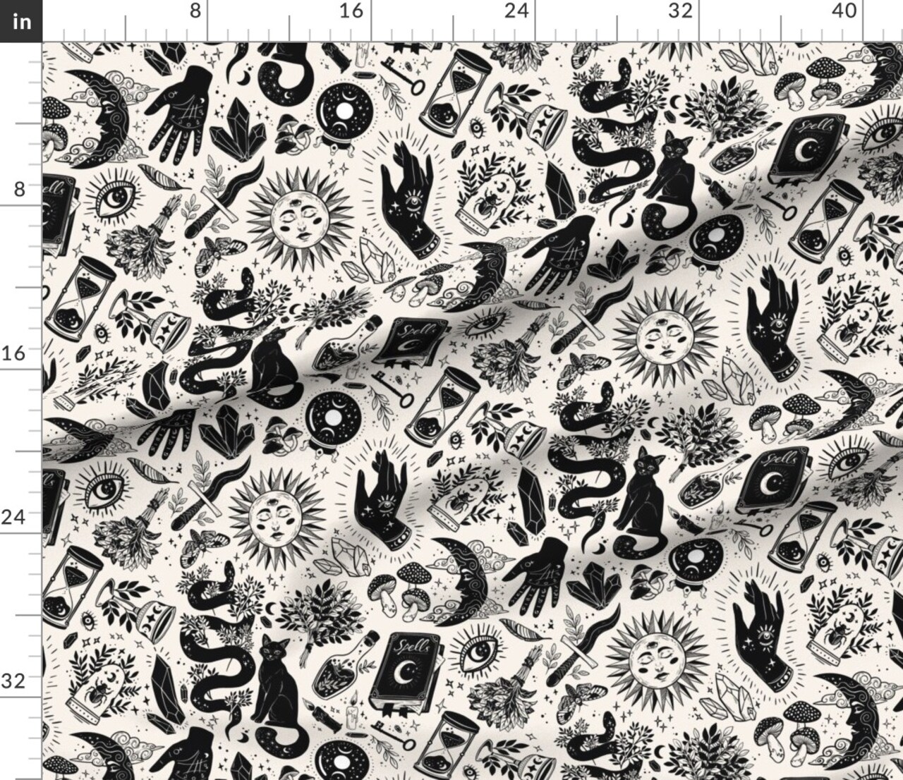 Various Fabrics by the Yard or Fat Quarter Witch Magic Goth Witchcraft Crystals Black Cat Palm Moon Eye Celestial Halloween Dark Academia Gothcore White Custom Printed Fabric by Spoonflower